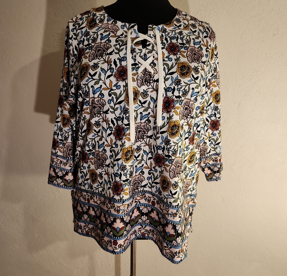 Allison Daley Multicolor Floral Print Lace Up Tunic Top 2X